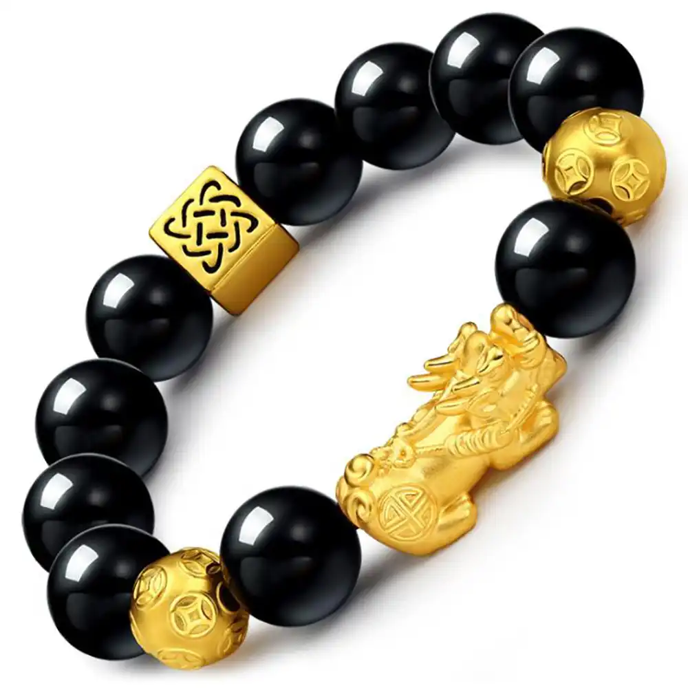 Imitation Gold Wealth Pixiu Black Obsidian Beaded Bracelet Imitation Gold Wealth Pixiu Black Obsidian Beaded Bracelet