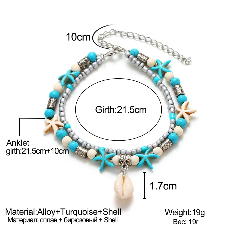 Bohemian Multiple Layers Starfish Shell Anklets For Women Vintage Boho Beads Chain Anklet Bracelet Beach Jewelry