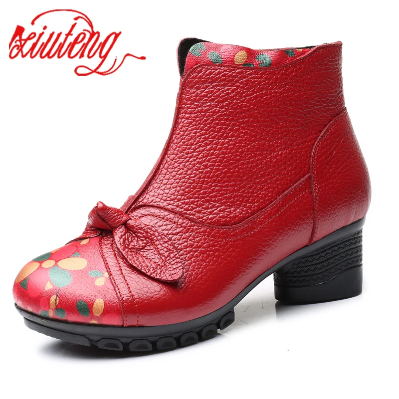 

Xiuteng 2019 Lady Winter Round Heels Short Shoes Genuine Leather Boots Back Red Zipper Women Ankle Boots Large Size 41For Female