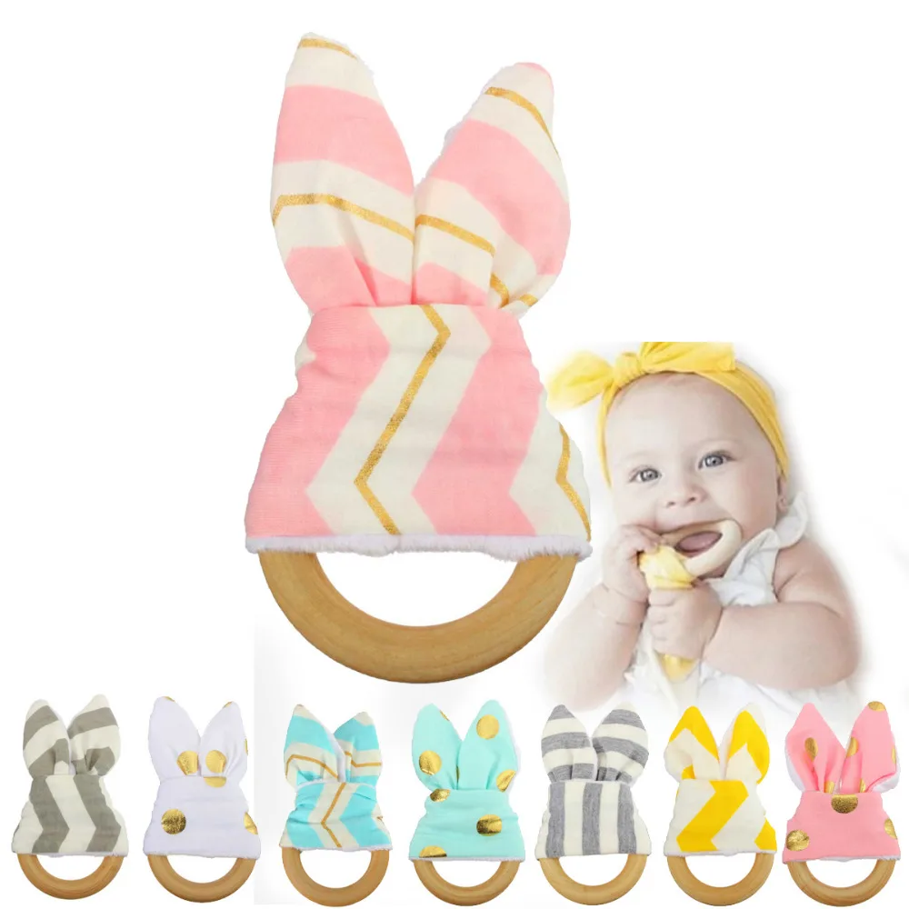 2017 Cute Cartoon font b Baby b font Ring Teether Natural Wood Circle with Fabric Wooden