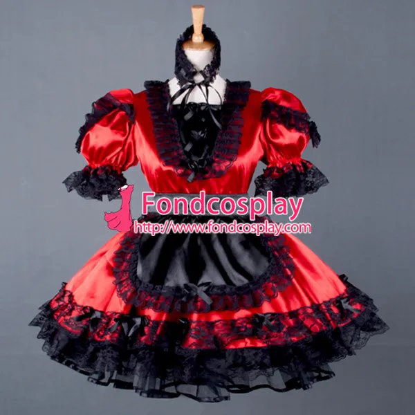 

Sexy Sissy Maid Dress Lockable Red Satin French Uniform Dress Cosplay Costume Custom-made[G790]