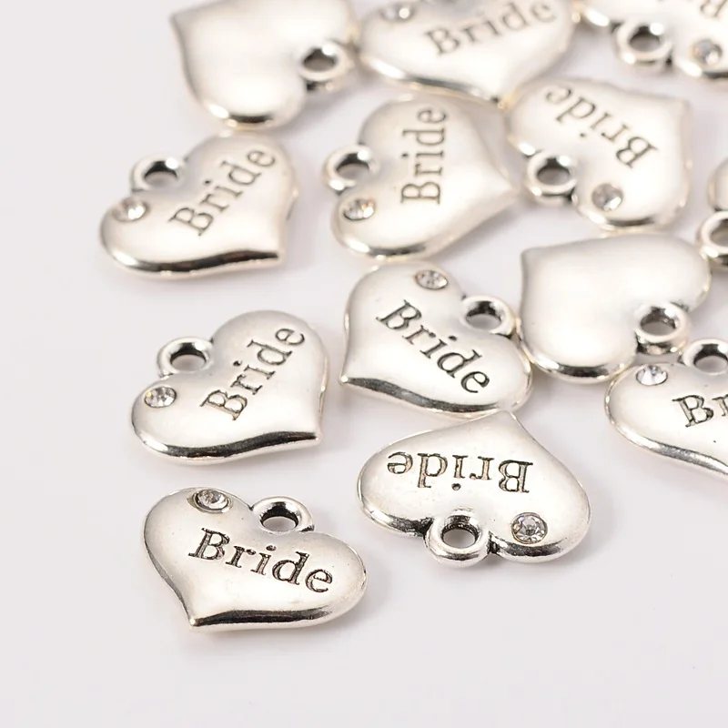 

200pcs 14x16x3mm Antique Silver Wedding Theme Tone Tibetan Style Heart Pendants with Bride Rhinestone Charms With Crystal