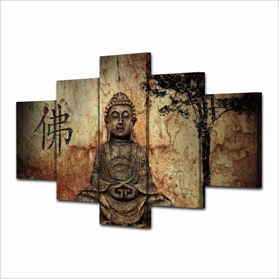 xdr466 5 Panels Buddha Wall Art Modern Buddha Painting Hand Made