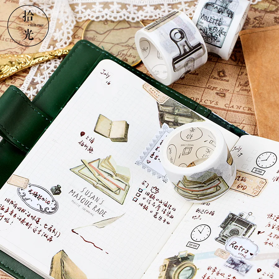 

30mm wide Retro travel Perfume bottle/ticket clip/book/camera decoration washi tape DIY planner scrapbooking masking tape escola