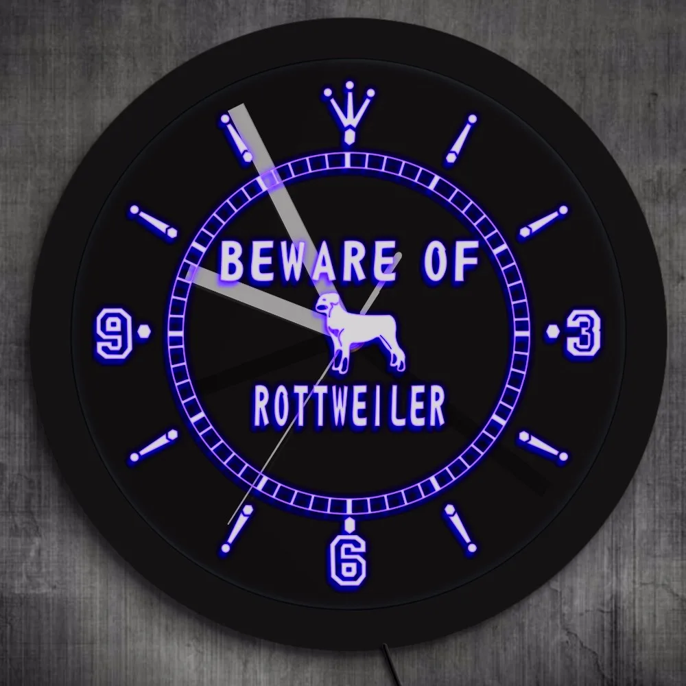 

Rottweiler Wall Clock with LED illumination Beware Of Rottweiler LED Neon Wall Art Home Decor Dog Breeds Rotti Wall Clock Watch