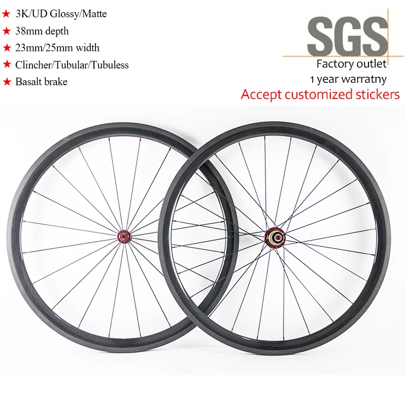 

700C 38mm Road Carbon Wheels Bicycle Wheelset Clincher Tubular 23mm width Racing Cycling Carbon Fiber Basalt V Brake Surface