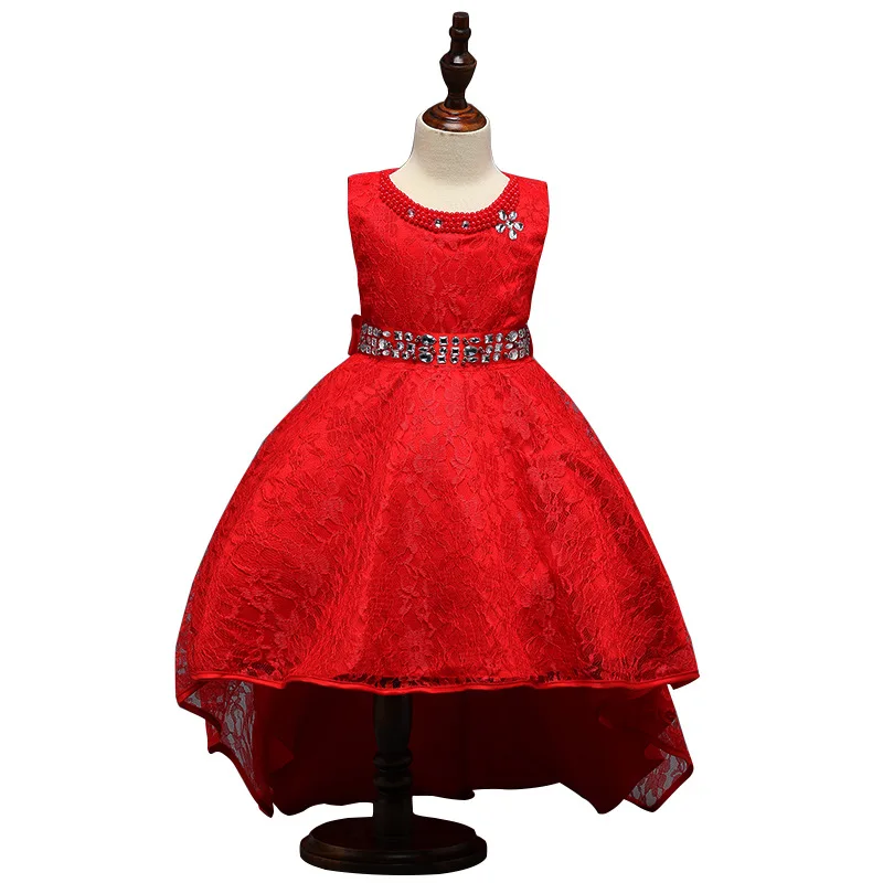 

Summer Children's Wear Lace Tail Dress Beaded Rhinestones Princess Dance Dress for Evening Wedding Baby Dress Sleeveless