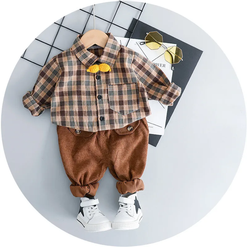 Весенне-осенний комплект одежды для маленьких мальчиков, детская одежда, клетчатая рубашка с брюками, костюмы, Детский костюм для дня рождения - Цвет: brown