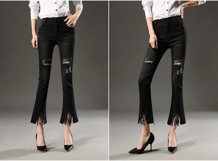 1 шт., женские расклешенные джинсы-карандаш с дырками, осень, рваные с высокой талией из чистого хлопка, женские узкие винтажные Женские джинсы-карандаш