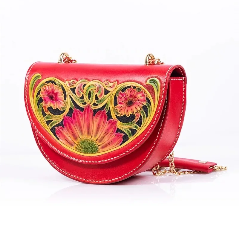 

China Style Genuine Leather Hand Engraved Flower Women Small Shoulder Bag Long Chain Strap Saddle Bag Lady Semicircle RED Purse