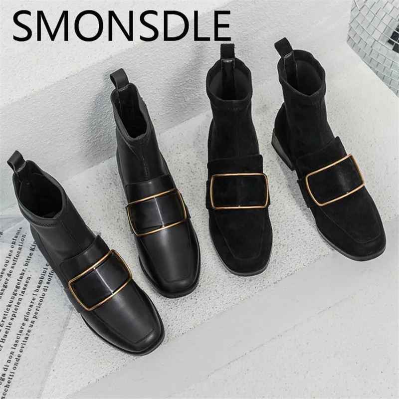 

SMONSDLE New Black Genuine Leather Women Ankle Boots Square Toe Slip On Thick Low Heel Women Autumn Boots Shoes Woman