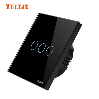

TUCLIX EU/UK Touch Switch LED Wall Light Switch 110-240V 3 Gang 1 Way Waterproof Crystal Tempered Glass Panels black