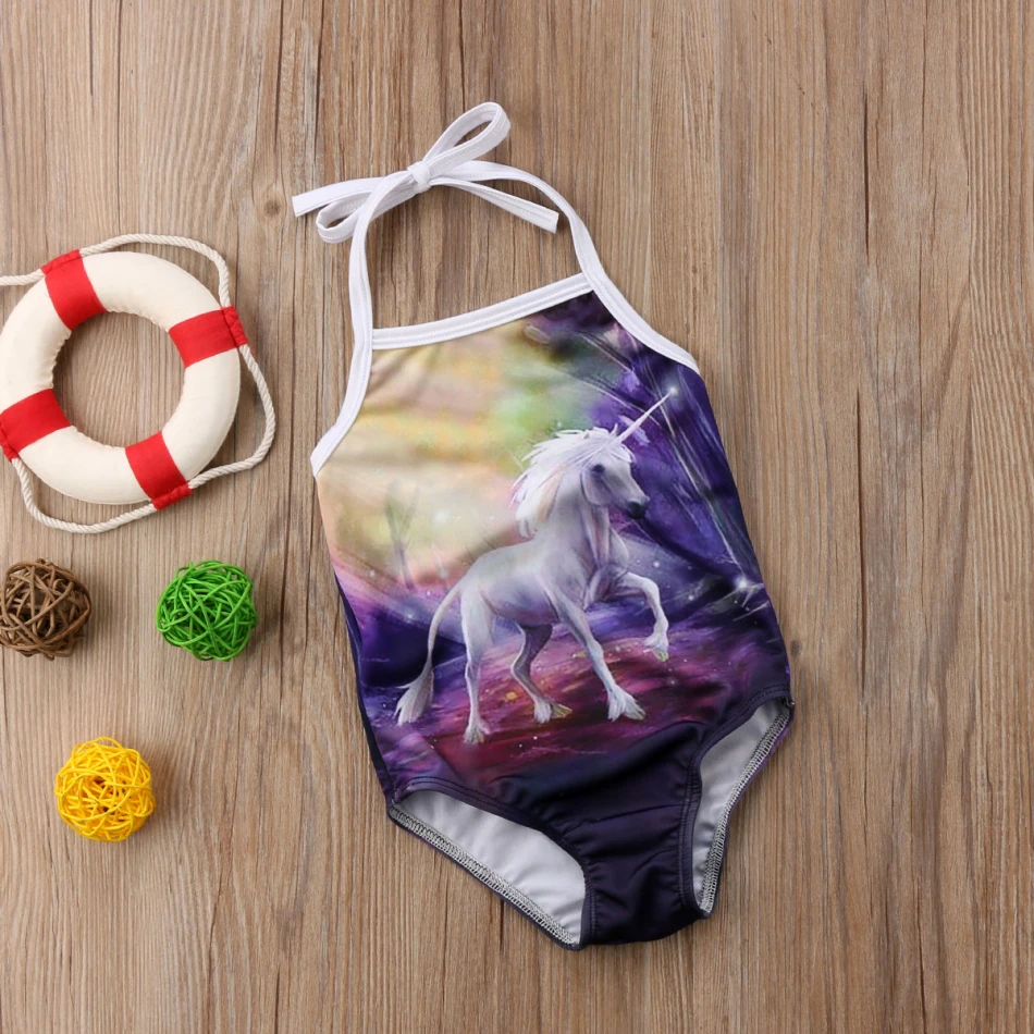 Детский купальный костюм с единорогом на бретельках для девочек, купальник, бикини, цельная одежда для плавания