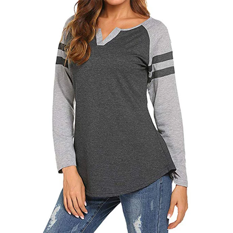 

Women's Raglan Long Sleeve T-Shirt Fashion Striped Patchwork Design Curved Hem Loose Fit Henley V Neck Baseball Tee Shirt Tops