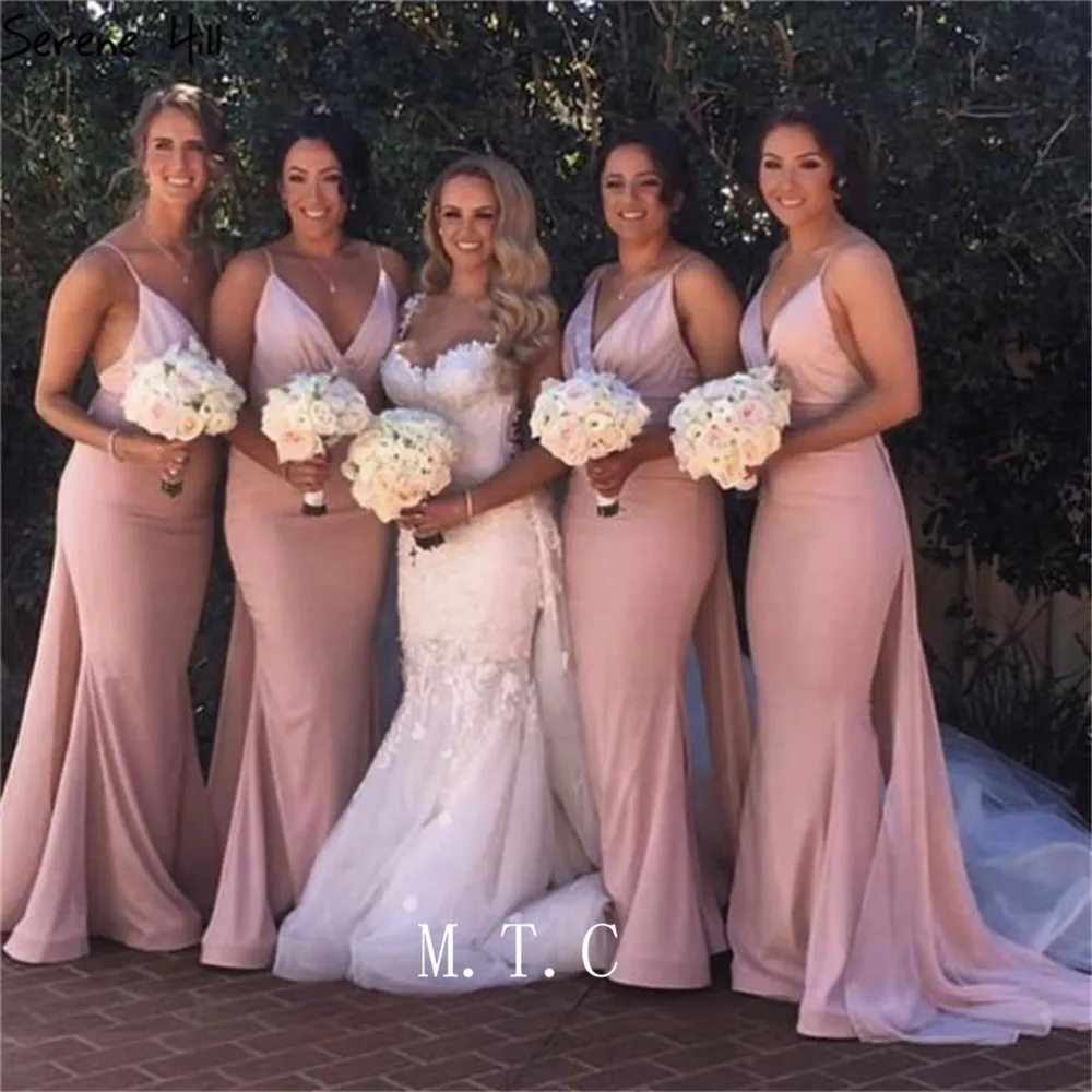 

New 2019 Pink Mermaid Elastic Satin Long Bridesmaid Dresses Sweetheart Spaghetti Strap Sexy Wedding Party Gowns Cheap