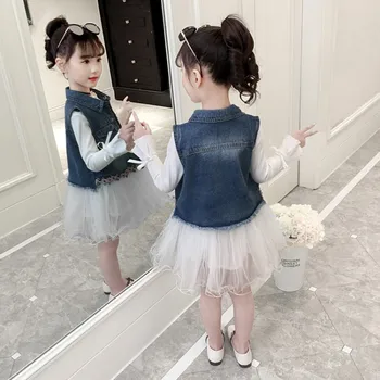 

denim waistcoats +long sleeve dresses 2 pieces clothing sets spring 2019 kids girls clothes