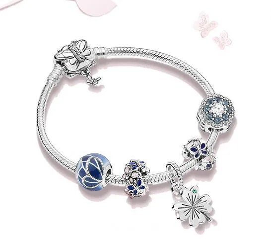 

Original 925 Sterling Silver Bead Charm Lucky Four-leaf Clover Set Beads Pandora Women Bracelet Bangle Diy Jewelry