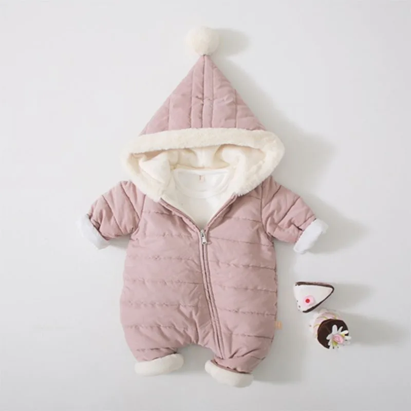 

Fashion Infant Baby Winter Jumpsuit Thick Warm Hooded Clothing Witch Hat with Adorable Fur Ball Girls Boys Clothes Outerwear