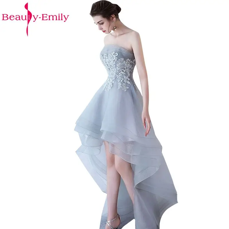 Grey Strapless Tulle Appliques Lace-Up Prom Dress with Built-In Bra for Evening Party by Beauty-Emily image 2