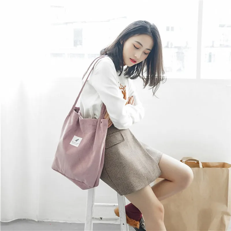 

2019 New High Capacity Women Corduroy Tote Ladies Casual Shoulder Bag Foldable Reusable Shopping Beach Bag Designer Handbags