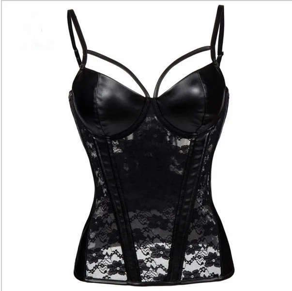 

2017 new Women's Sexy Steampunk Gothic Corset Faux Leather Foral Lace Corset Black Plus Size Overbust Corsets and Bustiers S-2XL