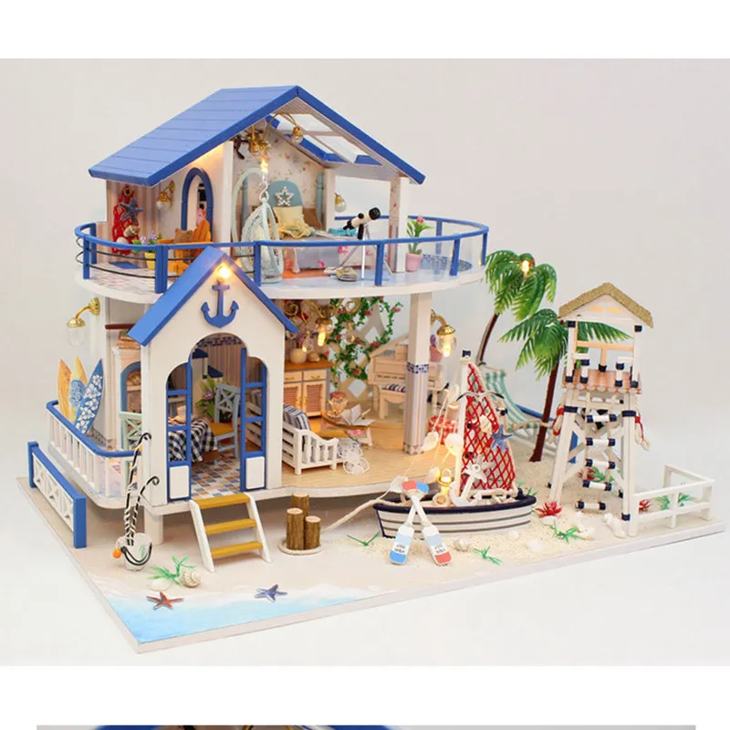 DIY светодиодный кукольный домик морская миниатюрная вилла с мебели деревянный дом комната Модель комплект подарки игрушки для детей Дети Кукольный дом игрушка