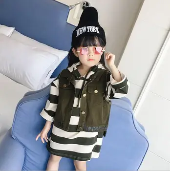 

Fashion Boutique Striped Long sleeves Dress with Vest two sets Sky long-sleeved layer 2 pcs set Spring and Autumn girls