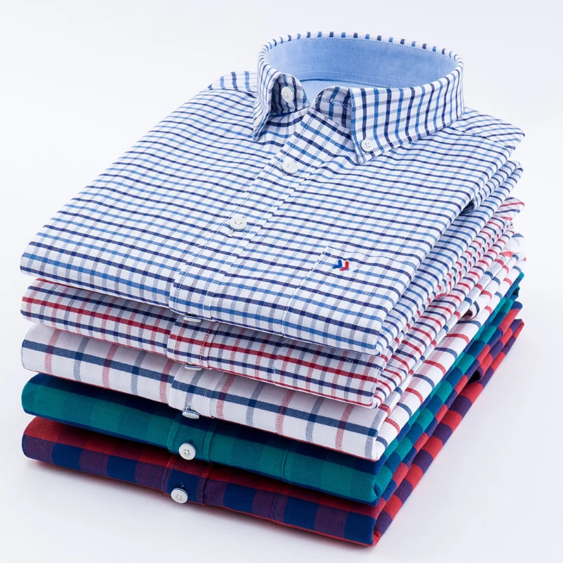 LANGMENG 2018 100% Cotton Striped Oxford Dress Shirt Men High Quality Mens Long Sleeve Slim Fit Casual Shirts Brand Clothing