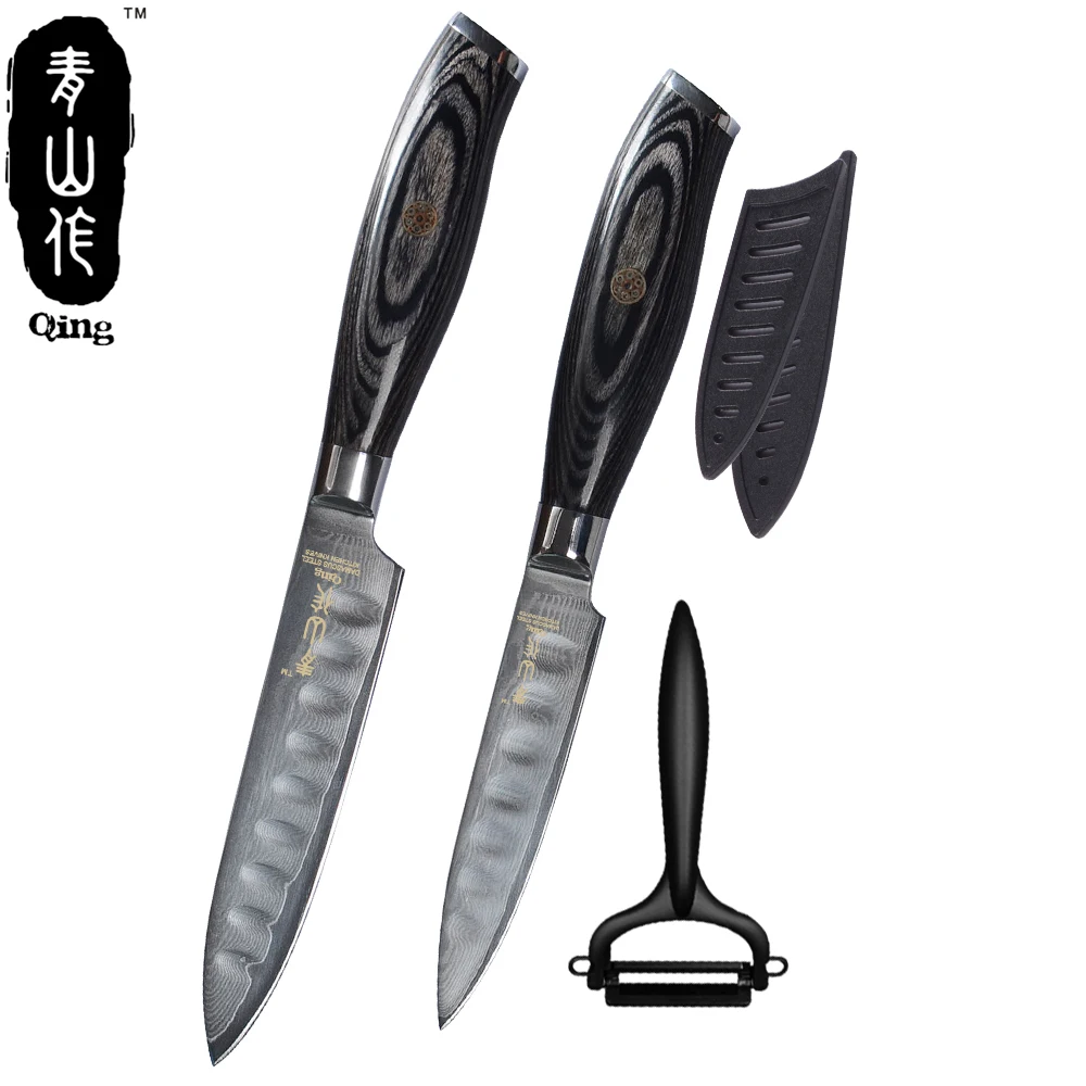 QING Damacus Kitchen Knife 3 Pcs Set Color Wood Comfortable Handle VG10 Damascus Steel Knife