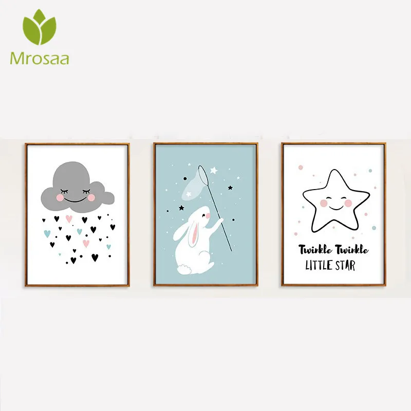 

Mrosaa 13*18CM Cartoon Rabbit Cloud Poster and Children Room Scandinavian Wall Painting Living Room Wall Stickers