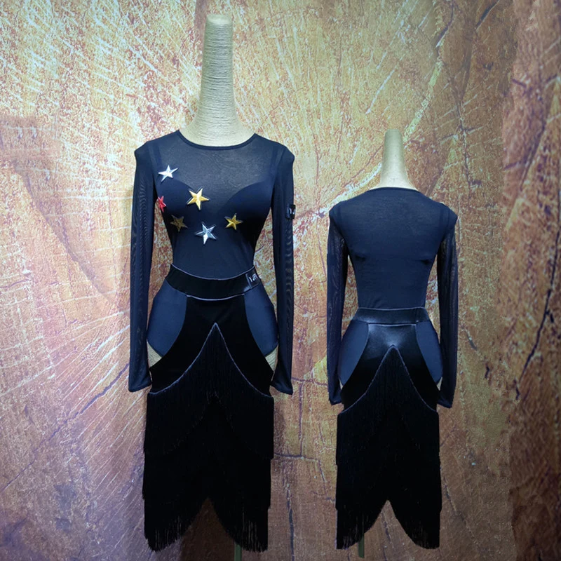 

Latin Dance Dress Black Mesh Long Sleeve Top Tassel Fringe Skirt Women Competition Salsa Dancing Dresses Samba Costumes DNV10082