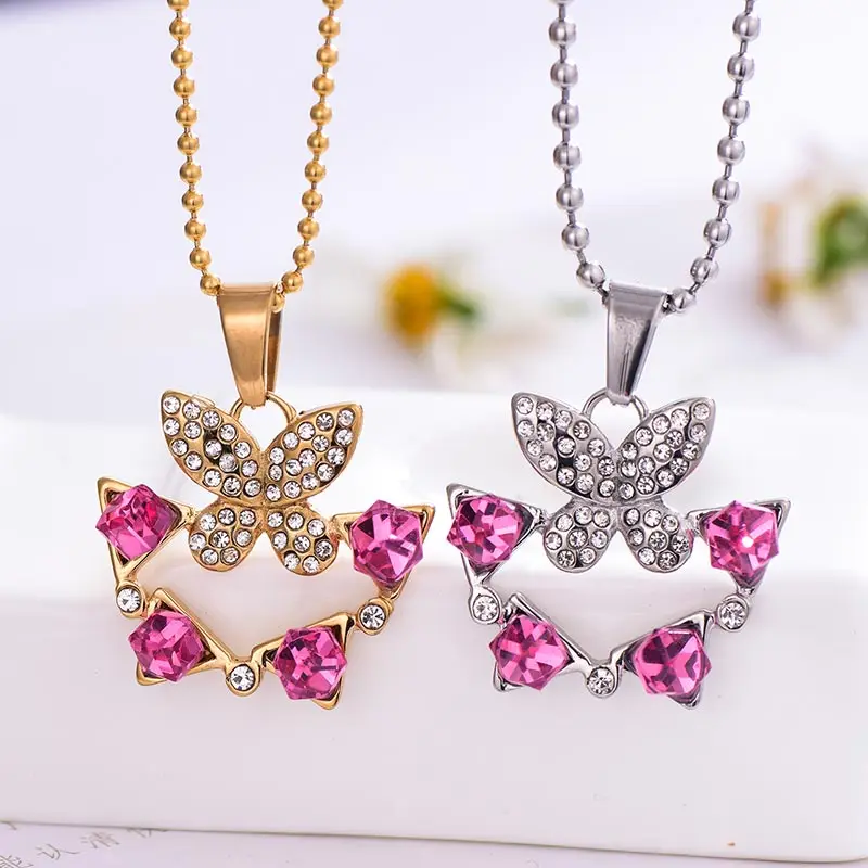 

ZFVB Trendy Women Butterfly Necklace Pendant Stainless Steel Exquisite Red White CZ zircon Party Wedding Jewelry Pendant Gift