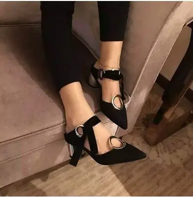 

2017 pointed toe three mixed colors square heel  Back Strap Elegant Pointed Toe Lace-Up Cut-Out Women Dress Graceful pumps