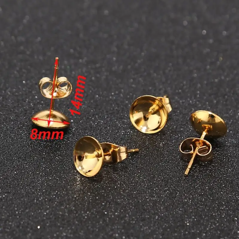 

New Gold tone Blank Earring Setting Base Fit 8MM Cabochon Stainless Steel Stud Earrings Jewelry Making