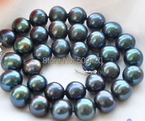 

Free Shipping >>>>HUGE 12mm ROUND PEACOCK BLACK FW PEARL NECKLACE 17INch