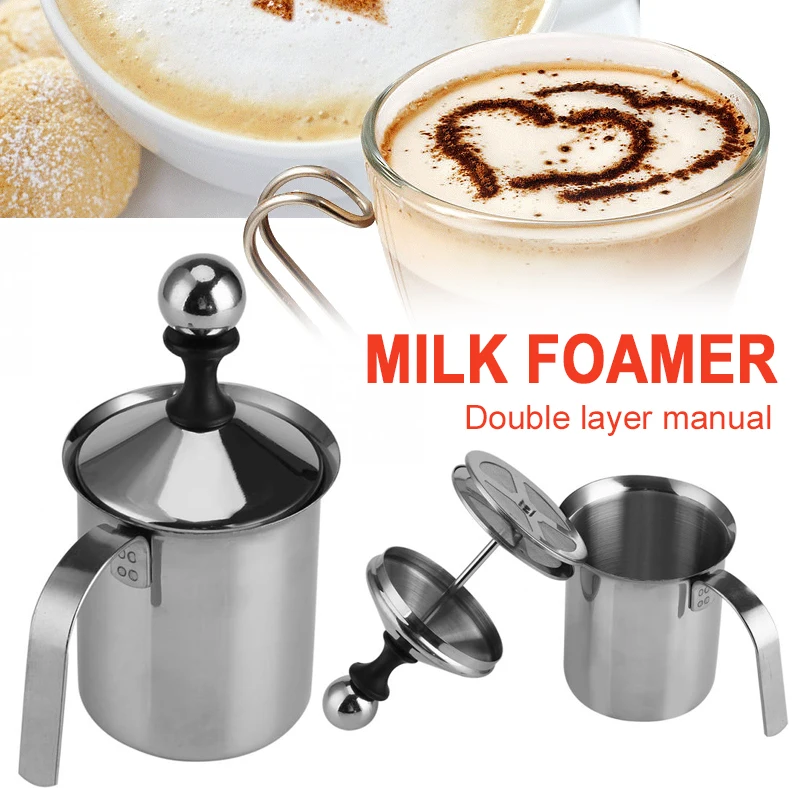 

2019 Drop Shpping Stainless Steel Manual Milk Frother Hand Pump Unique Double Mesh Handheld Milk Foamer for Coffee