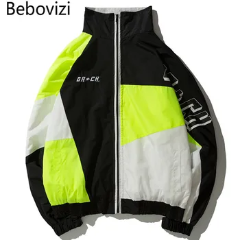 

Bebovizi Color Block Patchwork Full Zip Windbreaker Track Jackets Autumn Mens Motorcycle Jacket Streetwear Fashion Hip Hop Coats