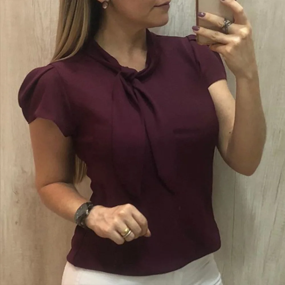 2019 Spring New Solid Long Flare Sleeve Women Blouse Fashion Lace-Up Bow Tie Work Office Ladies Shirts Tops Plus Size