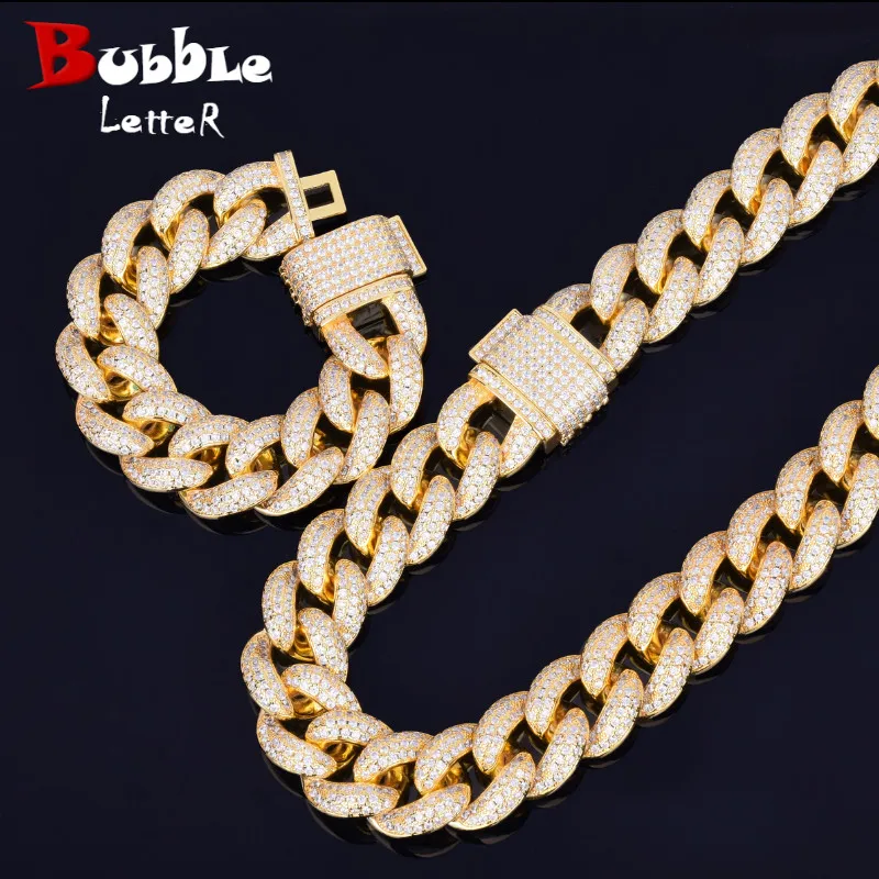 

Heavy Miami Cuban Chain with Bracelet & Necklace Set Bling Cubic Zirconia Gold Silver 23mm Big Choker Men's Hip hop Rock Jewelry