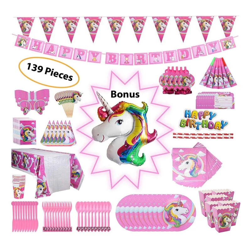 

139Pcs/Set Unicorn Birthday Party Festive Setting Supplies Prop Paper Cup Tray Hat DIY Holiday Christmas Multifunction Gift NEW