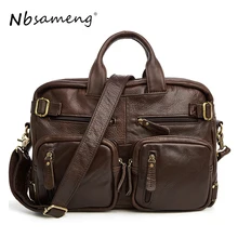 NBSAMENG 100% Genuine Leather Men Handbag Brand Designed Casual Travel Bag Messenger Bags Large Briefcase Vintage Laptop