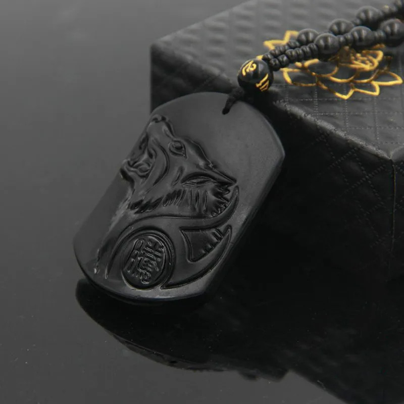 

High quality carved wolf totem pendant necklace men's wolf head beaded tag necklace