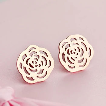

18KGP Rose Gold Color Titanium Steel Camellia Stud Earrings Fashion 316L Stainless Steel Jewelry for Women Note Fade (GE105)