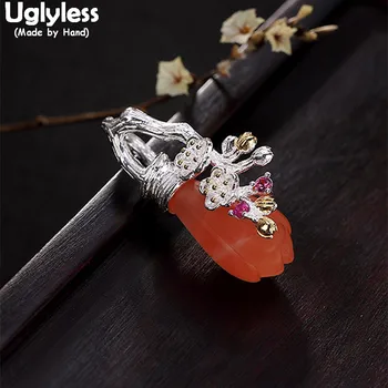 

Uglyless Real 925 Sterling Silver Handmade Flowers Pendant for Women Natural Agate Magnolia Necklaces NO Chains Ethnic Jewelry