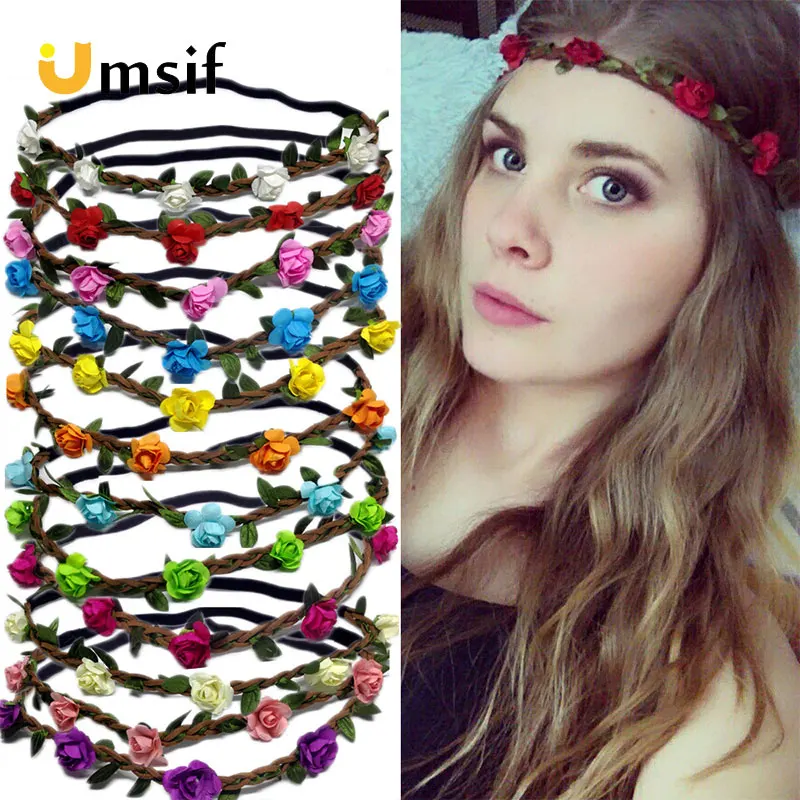 

Indian Rose Flower Headband for Women Bohemia Belt Elastic Hair Ropes Garland Bride Hair Band Female Feather Rose Hair Band