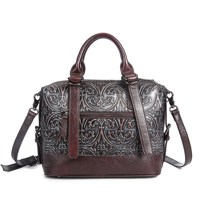

Casual Ladies Genuine Leather Handbag Vintage Embossed Brush Color Elegant Female Leather Totes Shoulder Messenger Evening Bags