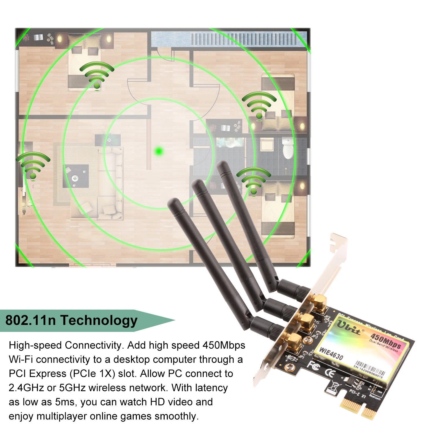 Ubit Беспроводной двухдиапазонный PCI Express адаптер со скоростью до 450 Мбит/с 2,4G/5G Wi-Fi адаптер сетевая карта для настольных компьютеров