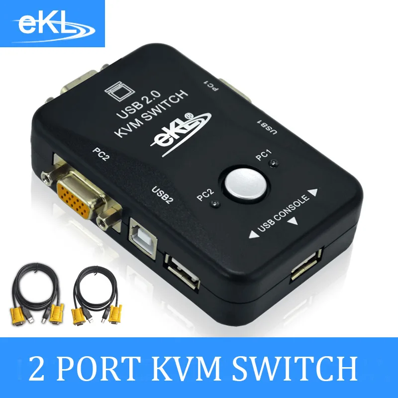EKL 2 порта KVM USB VGA переключатель коробка с кнопкой управления включает кабель
