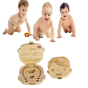 

1PC Baby Teeth Box English/French/Spanish/Russian Text Baby Teeth Storage Wooden Milk Baby Boys Girls Organizer Souvenir Gift
