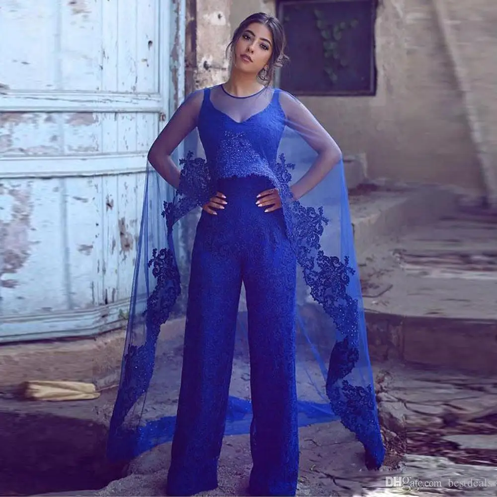 

2019Blue Lace Jumpsuit Mother of the Bride Dress with Wrap Spaghetti Strap Appliques Pant Suits Vestidos De Fiesta Formal Gowns